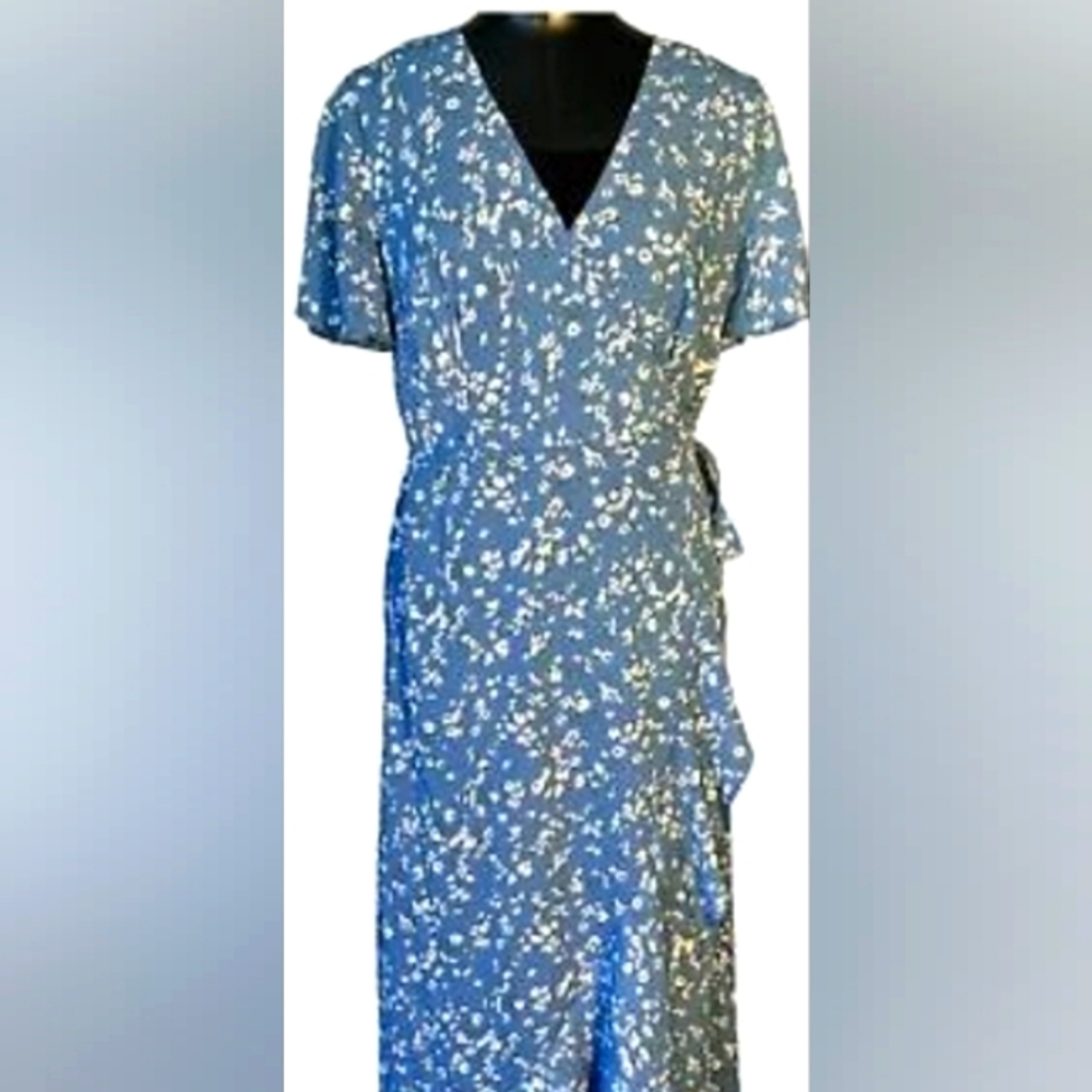 Simplee Floral Blue Wrap Dress XL